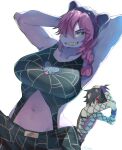  anthro big_breasts bottomwear braided_hair breasts clothed clothing cosplay crossover crossover_cosplay deltarune duo female fishnet fishnet_clothing fishnet_topwear hair hair_over_eye hands_behind_head hi_res human jojo&#039;s_bizarre_adventure jolyne_cujoh kris_(deltarune) male mammal midriff narciso_anasui navel one_eye_obstructed pants pose red_eyes reptile scalie sharp_teeth simple_background smile sskomu_(artist) susie_(deltarune) teeth topwear undertale_(series) video_games white_background 