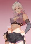  1girl abs blue_hair cleavage_cutout clothing_cutout covered_nipples dceg4738 earrings elbow_sleeve erection futanari indie_virtual_youtuber jewelry looking_down multicolored_hair muscular muscular_female pink_background pink_eyes pink_hair precum qian_er_liang_(vtuber) shorts solo toned white_hair 
