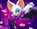  1girl animal_ears animal_nose bat_ears bat_girl bat_wings bodysuit breasts cleavage english_commentary eyeshadow furry furry_female gem gloves green_eyes looking_at_viewer makeup purple_bodysuit rouge_the_bat setispaghetti smile solo sonic_(series) sonic_prime white_fur white_gloves white_hair wings 