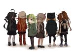  6+girls ahoge alternate_costume bangs black_coat black_hair black_headwear blonde_hair boots brown_hair coat commentary crescent crescent_hair_ornament fumizuki_(kancolle) green_eyes green_hair hair_ornament hair_ribbon hands_in_pockets harukaze_unipo hat holding hood hood_down jacket kantai_collection kikuzuki_(kancolle) lead_pipe leggings long_hair long_sleeves looking_at_viewer mikazuki_(kancolle) mochizuki_(kancolle) multiple_girls nagatsuki_(kancolle) pants pantyhose pocket ponytail red_eyes ribbon satsuki_(kancolle) scarf shoes simple_background skirt sneakers socks standing symbol-only_commentary very_long_hair white_background white_headwear white_ribbon white_scarf 