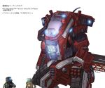  1boy assault_visor blue_eyes extra_eyes grapple_pilot_(titanfall_2) green_eyes gun hand_on_own_thigh helmet highres humanoid_robot kotone_a legion_(titanfall_2) looking_down looking_up mecha mrvn one-eyed pilot_(titanfall_2) robot science_fiction solo_focus titan_(titanfall) titanfall_(series) titanfall_2 twitter_username weapon weapon_on_back white_background 