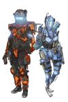  1boy 1girl armor assault_visor b3_wingman black_footwear breasts gloves glowing grapple_pilot_(titanfall_2) gun handgun helmet highres holding holding_gun holding_weapon holstered_weapon humanoid_robot kotone_a medium_breasts middle_finger orange_gloves pilot_(titanfall_2) r-97_smg revolver robot science_fiction shoes shoulder_armor simulacrum_(titanfall) sneakers stim_pilot_(titanfall_2) submachine_gun titanfall_(series) titanfall_2 weapon white_background 