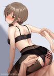  1girl absurdres arm_grab bar_censor beiske_(de_skb3) black_bra black_panties black_pantyhose blush bra braid censored clothed_female_nude_male cum grabbing grabbing_from_behind grey_background highres idolmaster idolmaster_cinderella_girls nude orange_eyes paid_reward_available panties panties_under_pantyhose pantyhose penis penis_on_ass ponytail pout senkawa_chihiro simple_background torn_pantyhose underwear web_address 