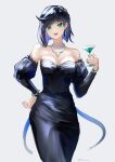  1girl :d absurdres bangs bare_shoulders black_hair blue_dress blue_hair blue_nails blunt_bangs commentary cowboy_shot cup detached_sleeves dress drinking_glass earrings fujito_(call_f_) genshin_impact green_eyes grey_background hand_on_hip hand_up highres holding holding_cup jewelry juliet_sleeves long_sleeves looking_at_viewer multicolored_hair nail_polish necklace open_mouth puffy_sleeves short_hair simple_background smile solo standing strapless strapless_dress wine_glass yelan_(genshin_impact) 