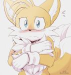  2_tails anthro blue_eyes blush canid canine cheek_tuft chest_tuft clothing covering_chest digital_drawing_(artwork) digital_media_(artwork) embarrassed facial_tuft fangs fox fur gloves handwear inner_ear_fluff looking_at_viewer male mammal miles_prower multi_tail s2-freak sega solo sonic_the_hedgehog_(series) tuft video_games watermark 