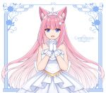 1girl animal_ear_fluff animal_ears bangs bare_shoulders blue_eyes breasts commission copyright_request dog_hair_ornament dress gloves hair_between_eyes hair_ornament hairclip hitsuki_rei interlocked_fingers long_hair medium_breasts own_hands_together pink_hair solo star_(symbol) strapless strapless_dress tiara very_long_hair virtual_youtuber white_background white_dress white_gloves 