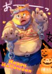  2022 absurd_res anthro belly blush bodily_fluids bottomwear clothing domestic_cat felid feline felis halloween halloween_costume hi_res holidays humanoid_hands jack-o&#039;-lantern japanese_text kemono kiyo male mammal overweight overweight_male shirt shorts solo sweat text topwear 