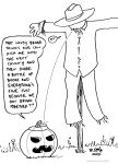  2022 ambiguous_gender animate_inanimate black_and_white clothing dialogue duo english_text food fruit hat headgear headwear hi_res jack-o&#039;-lantern monochrome plant pumpkin scarecrow spitting spitting_sound_effect tegerio text 
