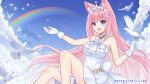  1girl animal animal_ear_fluff animal_ears bare_shoulders bell bird blue_eyes blue_sky breasts cloud copyright_request day dress feet_out_of_frame gloves hitsuki_rei jingle_bell large_breasts long_hair neck_bell outdoors petals pink_hair rainbow sky solo strapless strapless_dress tiara very_long_hair virtual_youtuber white_dress white_gloves 