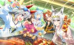  +_+ 5girls animal_ears barbecue blue_eyes blush casual closed_eyes collarbone fang food grey_hair grilling hair_between_eyes hair_ornament headband horse_ears inari_one_(umamusume) jewelry long_hair mejiro_ardan_(umamusume) multiple_girls necklace official_art oguri_cap_(umamusume) omoiyori_omoikake_(umamusume) short_hair sparkling_eyes takoyaki tamamo_cross_(umamusume) umamusume yaeno_muteki_(umamusume) 