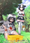  2girls animal_ears animal_print bangs bare_shoulders bell black_eyes black_hair black_mamba_(kemono_friends) bottle bow bowtie breasts cleavage closed_mouth company_name copyright cow_ears cow_girl cow_print cow_tail cowbell day elbow_gloves frilled_skirt frills gloves grass grey_eyes hair_bow holding holstein_friesian_cattle_(kemono_friends) hood hood_up hooded_jacket huge_breasts jacket kemono_friends kemono_friends_3 kneeling long_hair long_tail looking_at_another looking_at_object medium_hair microskirt milk_bottle multicolored_hair multiple_girls official_art outdoors parted_lips print_gloves print_shirt print_skirt print_thighhighs shirt skirt sleeveless sleeveless_shirt smile snake_tail tail tail_bell tail_bow tail_ornament tan thighhighs tree two-tone_hair v-shaped_eyebrows very_long_hair walking white_hair yoshida_hideyuki zettai_ryouiki 