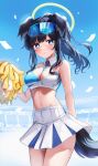  182_1x156_(gkyn8274) 1girl absurdres animal_ears bangs black_hair blue_archive blue_eyes blush breasts cheerleader cleavage dog_ears dog_girl dog_tail eyewear_on_head facial_mark goggles goggles_on_head halo hibiki_(blue_archive) hibiki_(cheerleader)_(blue_archive) highres holding holding_pom_poms large_breasts long_hair looking_at_viewer miniskirt navel official_alternate_costume pom_pom_(cheerleading) skirt star_(symbol) star_facial_mark star_sticker sticker_on_face tail text_print white_skirt yellow_halo 