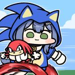  1girl :3 alternate_hair_color blue_hair bone_hair_ornament closed_mouth cloud commentary_request crossover furry furry_male green_eyes hair_ornament hololive inugami_korone jazz_jack knuckles_the_echidna looking_at_viewer lowres outdoors running solo sonic_(series) sonic_the_hedgehog sonic_the_hedgehog_1 v-shaped_eyebrows virtual_youtuber 
