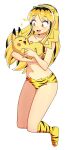  1girl :d absurdres animal_print bangs bare_shoulders bikini blonde_hair boots breasts commentary crossover fang fangs fangs_out flowers-imh full_body highres holding holding_pokemon horns long_hair lum medium_breasts navel oni oni_horns open_mouth pikachu pointy_ears pokemon pokemon_(creature) smile strapless swimsuit tiger_print urusei_yatsura 