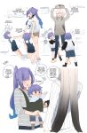  6+girls absurdres baby baby_carrier bangs cargo_shorts casual closed_eyes cone_hair_bun contemporary english_text genshin_impact hair_bun highres hinagi_(fox_priest) if_they_mated keqing_(genshin_impact) long_hair mother_and_daughter multiple_girls ningguang_(genshin_impact) overalls ponytail purple_eyes purple_hair shirt short_hair shorts t-shirt twintails very_long_hair white_hair wife_and_wife 