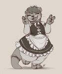  2022 absurd_res anthro clothed clothing dated digital_media_(artwork) eyes_closed fully_clothed hi_res louart lutrine maid_uniform mammal monochrome mustelid open_mouth open_smile signature smile solo uniform whiskers 