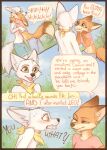  2022 absurd_res anthro black_nose blue_eyes blush brown_body brown_fur canid canine clothed clothing comic dialogue digital_media_(artwork) dipstick_ears duo embrace english_text eye_contact female fox fur grin hi_res hug looking_at_another male mammal multicolored_ears one_eye_closed open_mouth open_smile orange_body orange_fur smile speech_bubble text topless white_body white_fur wink yellow_eyes yshanii 