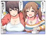  2girls :d ^_^ breasts brown_hair cleavage closed_eyes idolmaster idolmaster_cinderella_girls large_breasts multiple_girls oikawa_shizuku open_mouth serebi_ryousangata short_hair smile speech_bubble totoki_airi translation_request 