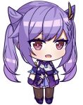  1girl :d azur_lane bangs chibi choker commentary cone_hair_bun detached_sleeves double_bun english_commentary essex_face full_moon genshin_impact gloves hair_between_eyes hair_bun hair_ornament keqing_(genshin_impact) long_hair looking_at_viewer moon parody purple_eyes purple_gloves purple_hair short_sleeves sidelocks simple_background smile solo standing style_parody svol transparent_background twintails 