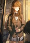  1girl absurdres bag bangs blush brown_hair cellphone grey_skirt headphones highres holding kellymonica02 long_hair long_sleeves looking_away neck_ribbon open_mouth original phone pleated_skirt ribbon school_bag school_uniform shirt skirt smartphone sunset sweater train_interior yellow_eyes 