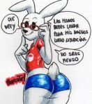  2020 anthro bottomwear clothed clothing dialogue dot_eyes eyewear glasses lagomorph leporid looking_at_viewer looking_back looking_back_at_viewer low_cut_shirt male mammal mascot mexican parasitedeath rabbit ringo_(imss) scut_tail short_tail shorts solo spanish_text talking_to_viewer text tight_bottomwear tight_clothing tight_fit tight_shorts traditional_media_(artwork) white_body 