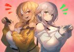  2girls absurdres back-to-back bare_shoulders blonde_hair blush breasts cleavage controller dark_elf dark_skin elf game_controller green_eyes grey_hair highres hololive large_breasts looking_at_viewer multicolored_hair multiple_girls off-shoulder_sweater off_shoulder ohako_(ohako1818) one_eye_closed orange_eyes playing_games pointy_ears ribbed_sweater shiranui_flare shirogane_noel shirt_tucked_in simple_background smile streaked_hair sweater tan tented_shirt upper_body 