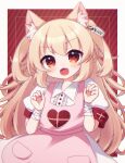  1girl :d absurdres animal_ears apron armband bandaged_arm bandages bangs blonde_hair blush cat_ears center_frills collared_shirt commentary_request diagonal_stripes fang frills heart highres kemonomimi_mode long_hair looking_at_viewer multicolored_hair natori_sana pink_apron price_tag red_eyes rensei sana_channel shirt skirt smile solo striped striped_background two-tone_hair v-shaped_eyebrows very_long_hair white_skirt 