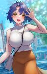  1girl antenna_hair bag between_breasts blue_hair blurry blurry_background blush bracelet breasts c_(theta) dark_blue_hair highres idolmaster idolmaster_million_live! jewelry large_breasts looking_at_viewer necklace orange_skirt outdoors pearl_necklace ribbed_sweater short_hair shoulder_bag signature skirt sleeveless sleeveless_turtleneck smile solo strap_between_breasts sweater toyokawa_fuka turtleneck white_sweater 
