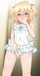 1girl ayano_rika bangs blonde_hair blush clothed_masturbation crotch_rub female_masturbation fingering hand_to_own_mouth highres kokubo magia_record:_mahou_shoujo_madoka_magica_gaiden mahou_shoujo_madoka_magica masturbation one-piece_swimsuit pussy red_eyes short_hair solo swimsuit two_side_up white_one-piece_swimsuit 