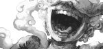  1boy arm_up artist_name commentary covered_eyes covering_eyes english_commentary greyscale happy highres laughing male_focus monkey_d._luffy monochrome mouth_focus one_piece open_mouth portrait serbianhero short_hair signature simple_background smile smoke solo teeth tongue uvula white_background 