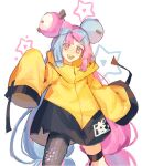  1girl :d bangs blue_hair character_hair_ornament commentary eyelashes grey_pantyhose hair_ornament happy highres iono_(pokemon) jacket long_hair multicolored_hair open_mouth pantyhose pink_hair pokemon pokemon_(game) pokemon_sv purple_eyes single_leg_pantyhose sleeves_past_fingers sleeves_past_wrists smile solo star_(symbol) symbol-only_commentary teeth thigh_strap twintails two-tone_hair upper_teeth white_background xiguamao41 yellow_jacket 