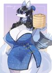  anthro asian_clothing basket big_breasts black_hair blue_body blue_fur border breasts canid canine canis chinese_clothing chinese_dress cleavage clothed clothing container curvy_figure dim_sum_basket dress east_asian_clothing female fluffy fluffy_tail fur hair hair_over_eye hand_on_hip hi_res highlights_(coloring) hime_cut holding_object kemono lemoco long_hair mammal multicolored_body multicolored_fur multicolored_hair one_eye_obstructed pouting purple_eyes simple_background solo two_tone_body two_tone_fur two_tone_hair waiter white_body white_fur wide_hips wolf 