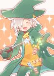  1boy candy closed_eyes food green_headwear green_hood green_jacket green_pants hat holding holding_wand jacket lemres_(puyopuyo) long_sleeves looking_at_viewer open_mouth orange_background orange_shirt pants puyopuyo shirt smile sparkle wand white_background white_hair witch_hat xox_xxxxxx 