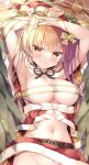  1girl areola_slip armpits arms_up belt blonde_hair breasts capelet center_opening christmas cleavage fur_trim large_breasts long_hair looking_at_viewer midriff miniskirt navel no_bra no_panties original parted_lips red_eyes red_skirt ribbon skirt solo stomach takano_yuki_(allegro_mistic) white_ribbon 