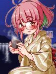  1girl ahoge alternate_costume artist_logo bob_cut breasts commentary_request cup dated glasses green_hair japanese_clothes kantai_collection kimono kutone_shirika large_breasts mountain multicolored_hair night outdoors pink-framed_eyewear pink_hair ponytail red_eyes short_hair sitting solo steam streaked_hair striped striped_kimono ume_(kancolle) yukata 