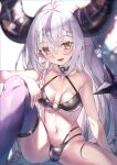  1girl :d ass bare_shoulders bikini black_bikini blush braid cameltoe hair_between_eyes highres hololive horns la+_darknesss long_hair looking_at_viewer multicolored_hair navel open_mouth pointy_ears purple_hair redcomet sitting smile solo spread_legs swimsuit tail two-tone_hair very_long_hair virtual_youtuber yellow_eyes 
