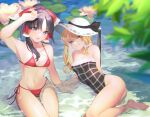  2girls absurdres arm_up armpits bangs barefoot bikini black_hair blonde_hair blue_background blurry blurry_foreground bow branch breasts cowboy_shot cross-laced_bikini cross-laced_clothes eyebrows_hidden_by_hair feet_out_of_frame flower full_body grey_eyes grin guumin hair_between_eyes hair_bow hair_over_shoulder hakurei_reimu hat highres kirisame_marisa leaf long_hair looking_at_viewer lotus lying multiple_girls on_side one-piece_swimsuit outdoors parted_lips partially_submerged ponytail red_bikini red_bow ribbon side-tie_bikini_bottom sitting small_breasts smile sun_hat swimsuit teeth thigh_gap touhou twitter_username water wet white_bow yellow_eyes 
