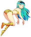  1girl animal_print ass bangs bare_shoulders bikini blush boots breasts commentary flowers-imh from_behind full_body green_hair highres horns knee_boots long_hair looking_at_viewer lum medium_breasts oni oni_horns pointy_ears solo strapless swimsuit tiger_print urusei_yatsura 
