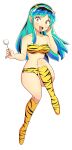  1girl :d absurdres animal_print bangs bare_shoulders bikini boots breasts dandelion flower flowers-imh full_body green_hair highres horns knee_boots long_hair looking_at_viewer lum medium_breasts navel oni oni_horns open_mouth pointy_ears smile solo strapless swimsuit tiger_print urusei_yatsura yellow_eyes 