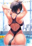  1girl animal_ears arms_up ass back bangs bare_shoulders black_hair black_one-piece_swimsuit blue_eyes blush breasts eishin_flash_(umamusume) highleg highleg_swimsuit highres horse_ears horse_girl horse_tail kawai_(purplrpouni) large_breasts looking_at_viewer looking_back one-piece_swimsuit pool short_hair solo swimsuit tail umamusume wading water wet 