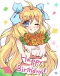  1girl ;p absurdres blonde_hair blue_eyes blush bouquet bud fern flower haidoro hair_ribbon highres holding holding_bouquet jashin-chan jashin-chan_dropkick long_hair looking_at_viewer monster_girl object_hug one_eye_closed orange_flower ribbon star_(symbol) tongue tongue_out white_background yellow_flower 