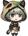  1girl animal_ears animal_hood armguards azur_lane bangs black_scarf blunt_bangs chibi commentary english_commentary essex_face fake_animal_ears fake_tail full_body genshin_impact grey_hair hair_between_eyes highres hood japanese_clothes leaf leaf_on_head looking_at_viewer ninja obi parody raccoon_ears raccoon_hood raccoon_tail red_eyes sash sayu_(genshin_impact) scarf short_hair short_sleeves shuriken sidelocks simple_background solo standing style_parody svol tail weapon white_background 