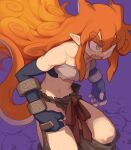  1girl animal_ears bangs black_gloves commission crop_top elbow_gloves fingerless_gloves floating_hair freckles gloves green_eyes hair_between_eyes highres long_hair mizuno_(okn66) open_mouth orange_hair original pointy_ears purple_background rock sharp_teeth sidelocks simple_background skeb_commission solo tail teeth thick_eyebrows very_long_hair wonhan_(nisego) 