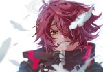  1girl :d arknights bangs black_jacket exusiai_(arknights) feathers grin hair_over_one_eye halo highres jacket looking_at_viewer red_hair short_hair simple_background smile solo teeth upper_body usoesora white_background yellow_eyes 