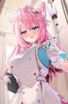  1girl animal_ears bangs blush breasts hakui_koyori highres hololive intravenous_drip iv_stand large_breasts looking_at_viewer nurse pink_hair purple_eyes smile solo virtual_youtuber wolf_ears wolf_girl yan_c 