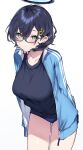  1girl arms_behind_back black_hair black_shirt blue_archive breasts buruma chihiro_(blue_archive) glasses green_eyes halo haruyuki_(yukichasoba) highres jacket large_breasts open_clothes open_jacket shirt short_hair smile track_jacket white_background 