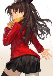  1girl bangs black_skirt black_thighhighs blue_eyes blush breasts brown_hair fate/stay_night fate_(series) hungry_clicker long_hair long_sleeves medium_breasts pleated_skirt skirt solo thighhighs thighs tohsaka_rin two_side_up 