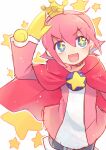  +_+ 1boy black_pants blue_eyes cape gloves hair_between_eyes hand_up long_sleeves looking_at_viewer open_mouth pants pink_cape pink_hair pink_shirt puyopuyo salde_canarl_shellbrick_iii shirt simple_background smile standing v-shaped_eyebrows white_background white_shirt xox_xxxxxx yellow_gloves yellow_star 