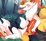  1boy 1girl ajiwo animal_ear_fluff animal_ears animal_hands black_fur blue_fur blush body_fur braixen breath bush cinderace closed_eyes commentary day drooling fangs forest fox_boy fox_ears fox_tail from_side fur_collar furry furry_female furry_male furry_with_furry grass hetero highres interspecies kneeling leaning_forward motion_lines multicolored_fur musical_note nature on_ground open_mouth outdoors pokemon pokemon_(creature) rabbit_ears rabbit_girl rabbit_tail red_fur saliva sex sex_from_behind speech_bubble spoken_musical_note sweat tail textless_version tongue tongue_out top-down_bottom-up torso_grab tree trembling u_u vaginal white_fur yellow_fur 