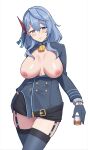  1girl absurdres ako_(blue_archive) bangs bell black_gloves black_skirt blue_archive blue_coat blue_eyes blue_hair blue_hairband blue_thighhighs breasts breasts_out coat cowbell cowboy_shot cup drinking_glass garter_straps gloves hair_between_eyes hairband half_gloves heart heart-shaped_pupils highres holding holding_cup long_hair long_sleeves miniskirt neck_bell nipples shot_glass simple_background skirt smile solo standing symbol-shaped_pupils thighhighs white_background whitek 